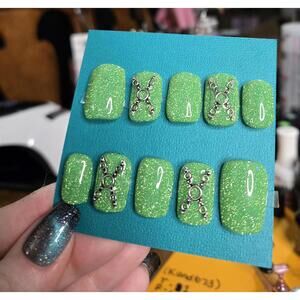 Green reflective glitter bondage nails custom made